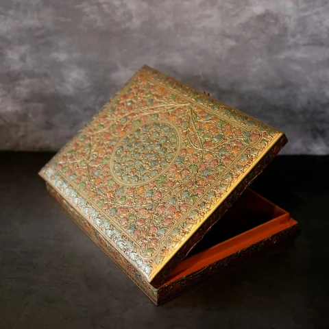 Embossed Paper Mache Chinar Design Flat Box Golden 15 x 12