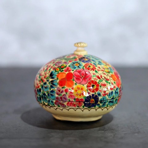 Creme Floral Paper Mache Powder Box 4 Inches