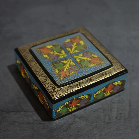 Paper Mache Coaster Set Blue Floral Design