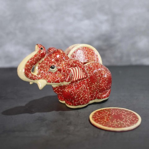 Paper Mache Coaster Set Elephant Design Red Colour
