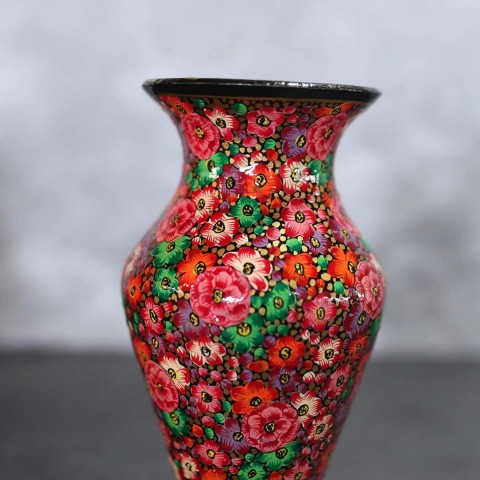 Paper Mache Flower Vase Red Floral Design Set Of 2