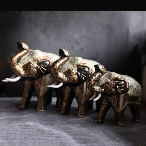 Embossed Gold base Mughal Darbar Paper Mache Elephant Set of 3 | Big Small Medium Size Elephants | Golden color Made from pure gold