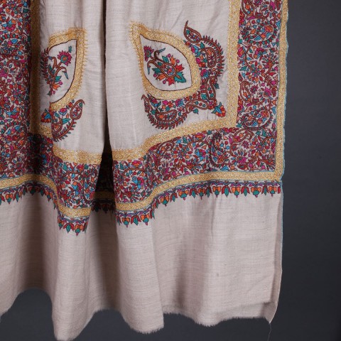 White Base Hand Tilla & Sozni Embroidered Pashmina Shawl