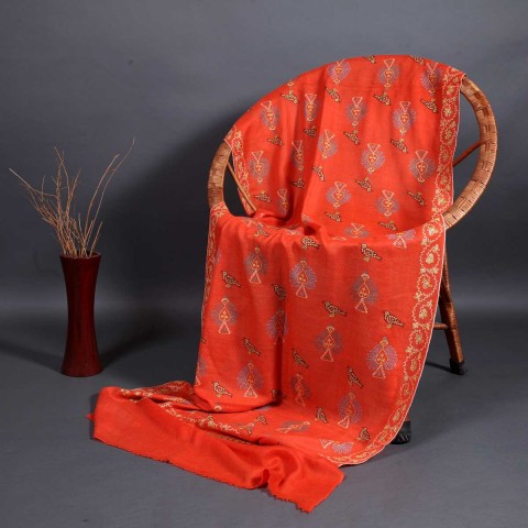 Orange Base Birds Design Sozni Embroidered Pashmina Stole
