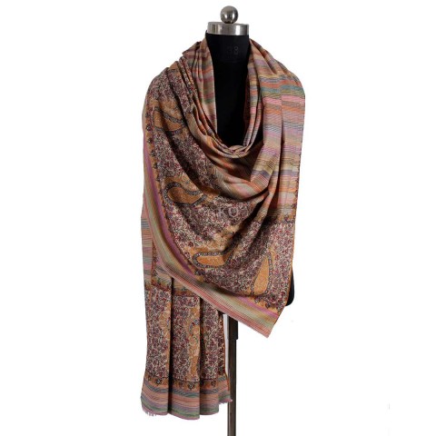 Stripped Multicolour Base sozni Embroidered Big Dordaar Pashmina Shawl