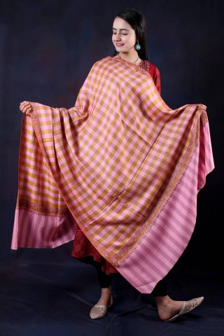 Pink Check Base Sozni Embroidered Handwooven Pashmina shawl