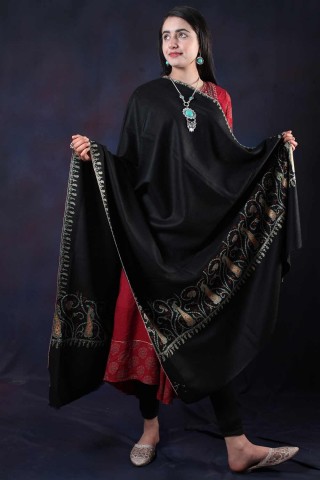 Black Base Sozni Embroidered Handwoven Pashmina Shawl