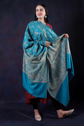Tourquise Green Sozni Embroidered Handwoven Jamawar Pashmina Shawl