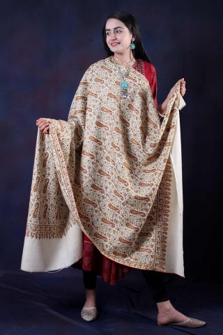 White Base Sozni Embroidered Pasley Handwoven Jamawar Pashmina Shawl
