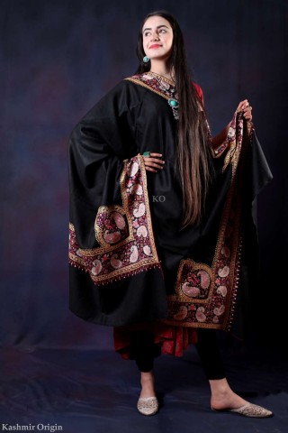 Black Base Tilla and Sozni Embroidered Handwoven Pashmina Shawl
