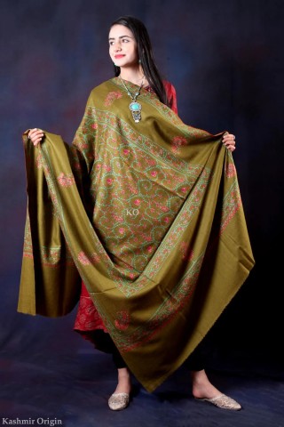 Mehndi colour sozni Embroidred Handwooven Pashmina Shawl
