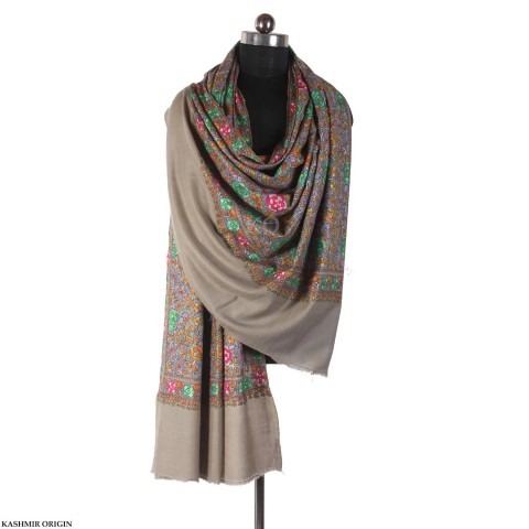 Natural Paper Machie Design Sozni Embroidered Cashmere Pashmina Jamawar Shawl