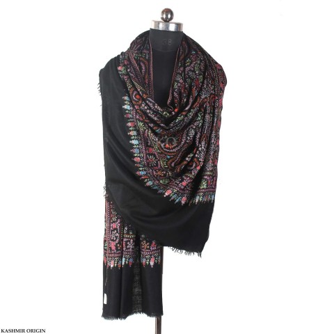 Black Sozni Embroidered Cashmere Pashmina Jamawar Shawl