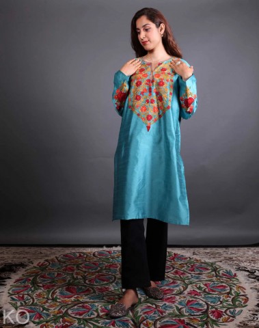 Pine Green Floral Design Aari Embroidered Silk Kurti