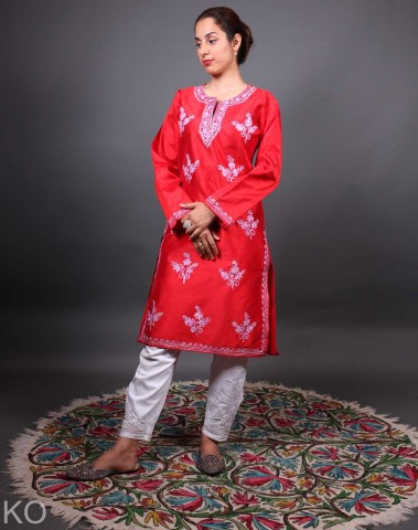 Red Bootidaar Design Aari Embroidered Silk Kurti