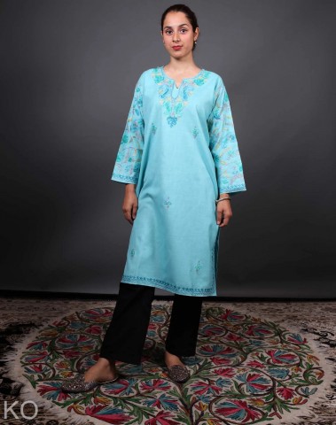 Turquoise Arm Design Aari Embroidered Cotton Kurti