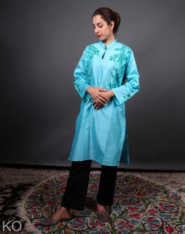 Mandarin Collar with Green Colour Aari Embroidered Silk Kurti