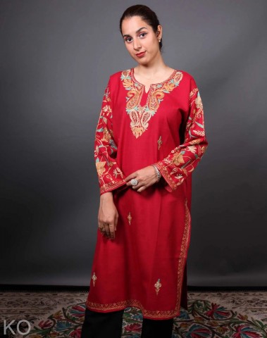 Red Pasley Neck Arm Design Aari Embroidered Cotton Kurti