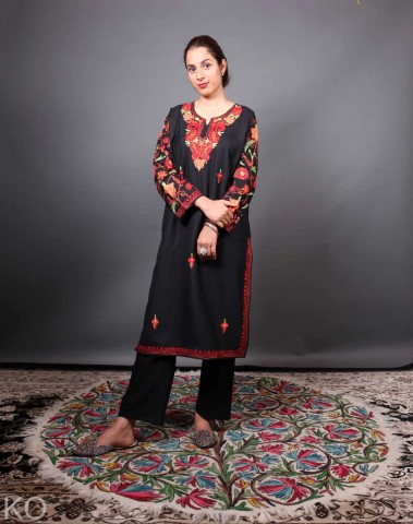 Black Multicolored Floral Arm Design Cotton Kurti