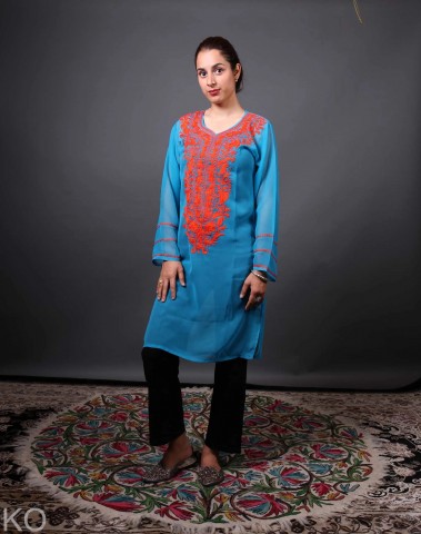 Sapphire Blue Aari Embroidered Georgette Kurti