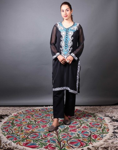 Black Pasley Design Aari Embroidery Georgette Kurti