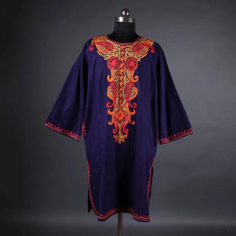 Navy Blue Aari Embroidery Woolen Phiran