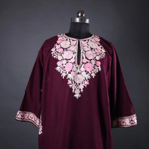 Dark Maroon Aari Embroidered Pheran