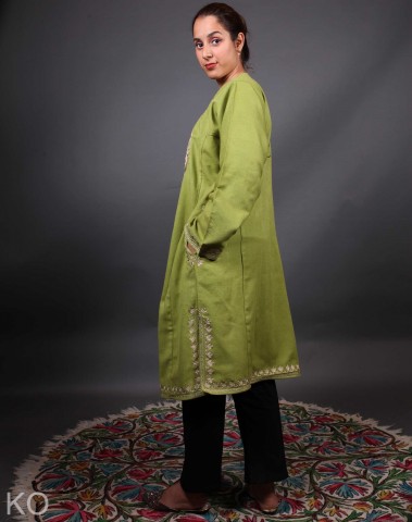 Green Base Zari Embroidered Fine Wool Phiran
