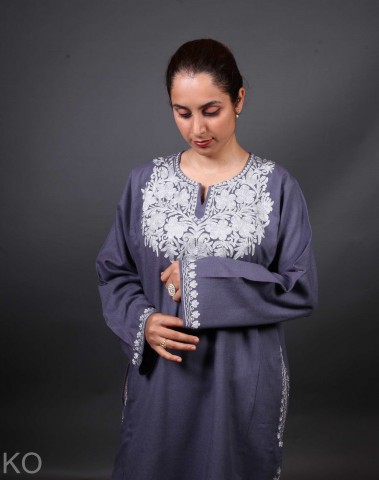Grey Base Zari Embroidered Pheran