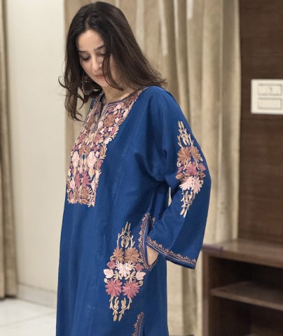 Royal Blue Modern Design Aari Embroidered Pheran