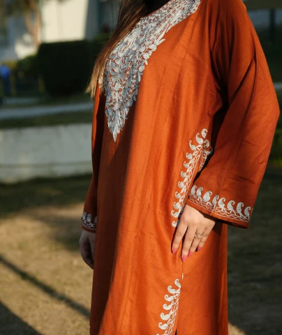Rust Neck Design Silver Zari Embroidered Pheran
