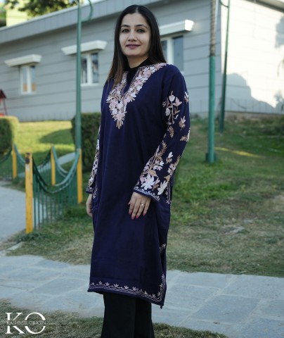 Navy Blue Arm Design Aari Embroidered Pheran