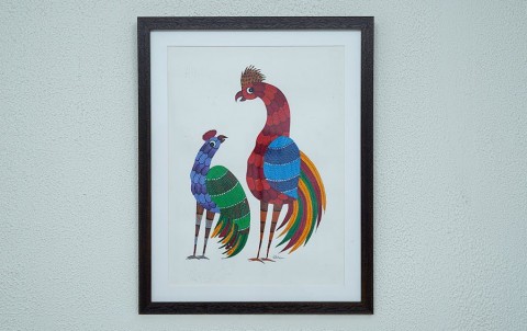 Cock & Hen | Gond Painting | A3 Frame