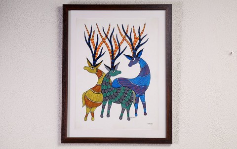Family of Barasingha | Gond Painting | A3 Frame