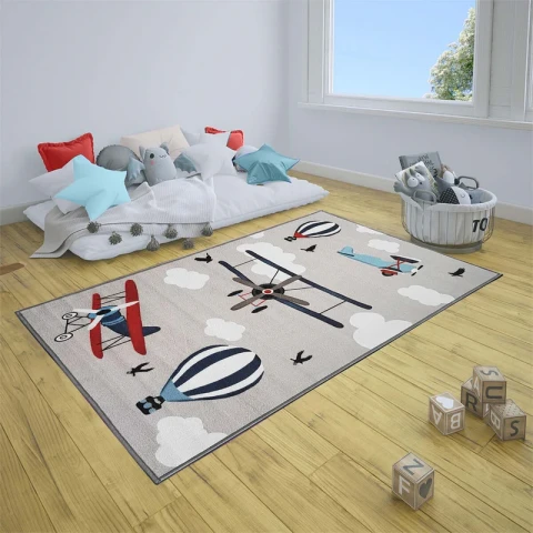 Plane Anti-Slip Kids Rug - Grey