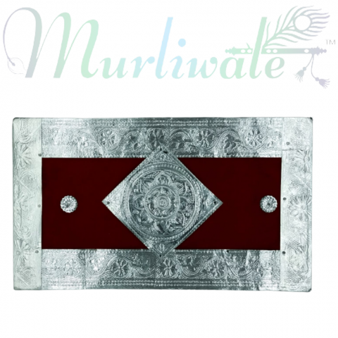 Multicoloured wooden chowki for mandir with minakari work done. Size:- L:13 x B:7.5 x H:2 Inches.