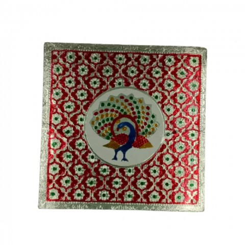 Multicoloured wooden chowki for mandir with minakari work done. Size:- L:10 x B:10 x H:2.5 Inches