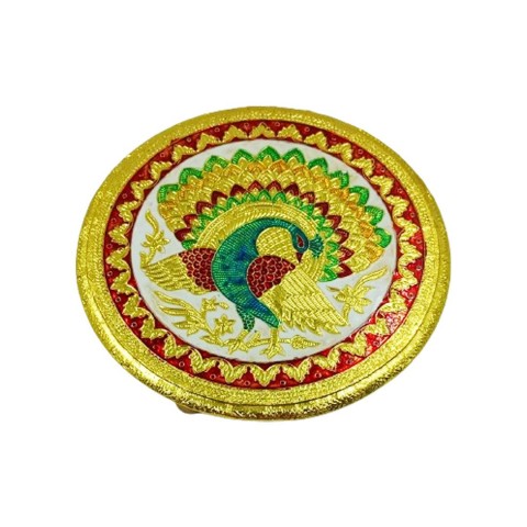 Multicoloured wooden chowki for mandir with minakari work done. Size:- Diameter: 10 Inches