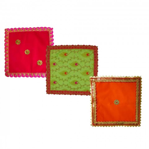Combo of Multicolor Handcrafted Mandir Assan. Made of Velvet Cloth. Combo of 3 Assan in Square Shape.