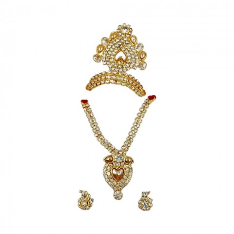 Multicoloured combo of mukut, Haar and earings with artificial decorative stones, studs and diamond. For Idol height between 2 to 3 inches and Gopal Ji size- 0 to 1.