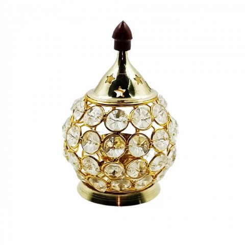 Pure Brass Traditionally Flower Designed Round Pearl Glass Covered Akhand Diya. Size-Diameter-4 Inches, Length-2.5 Inches.