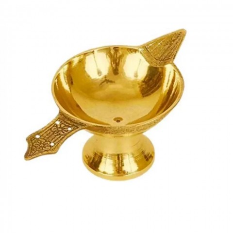 Pure Brass Traditionally Designed Round Pointed Diya. Panch Diya For Puja Big Size with Handle. - L