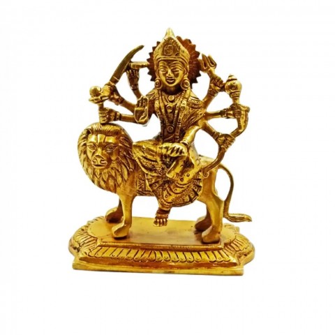 Handcrafted pure brass Idol/Murti of Shera-Wali Mata. Murti Size: Height 6 inches.