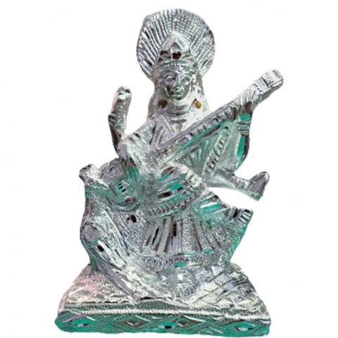 Handcrafted pure white metal Idol/Murti of Saraswati Mata. Murti Size: Height: 6.5 Inches.