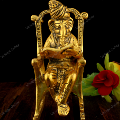 White Metal Golden Oxidized Ganesha Reading Chair