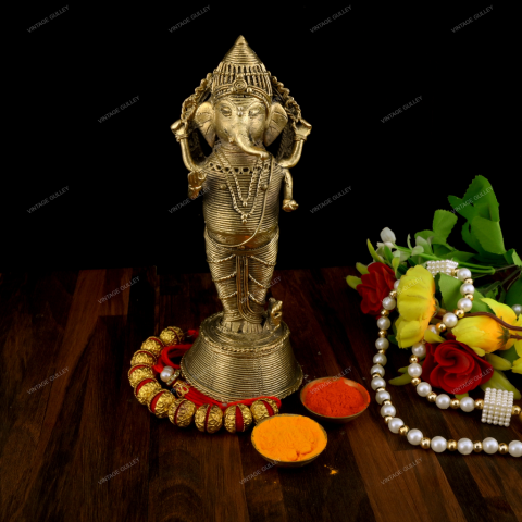 Brass Dhokra Charbhuja Standing Ganesha