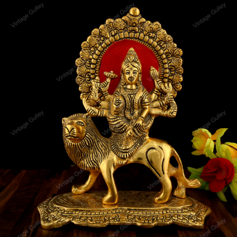 Metal Durga Mata Setting On Lion idol For Puja And Home Decor