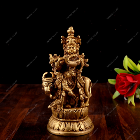 Brass Krishna with Cow Idol