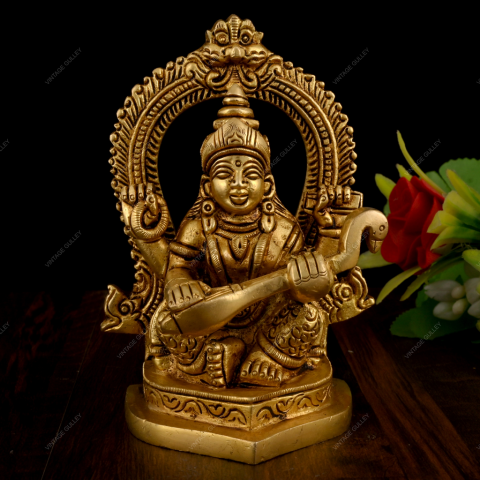 Brass Goddess Saraswati Idol Fine Work