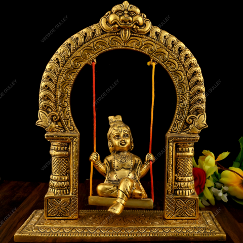 White Metal Golden Oxidized Krishna on Swing